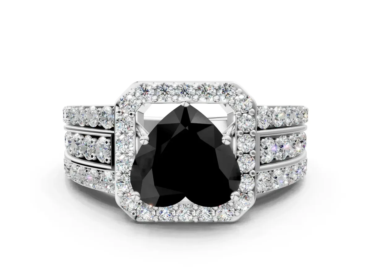 Fancy Black Heart Cut Halo Diamond Ring with Round Split Shank and Prong Setting Platinum