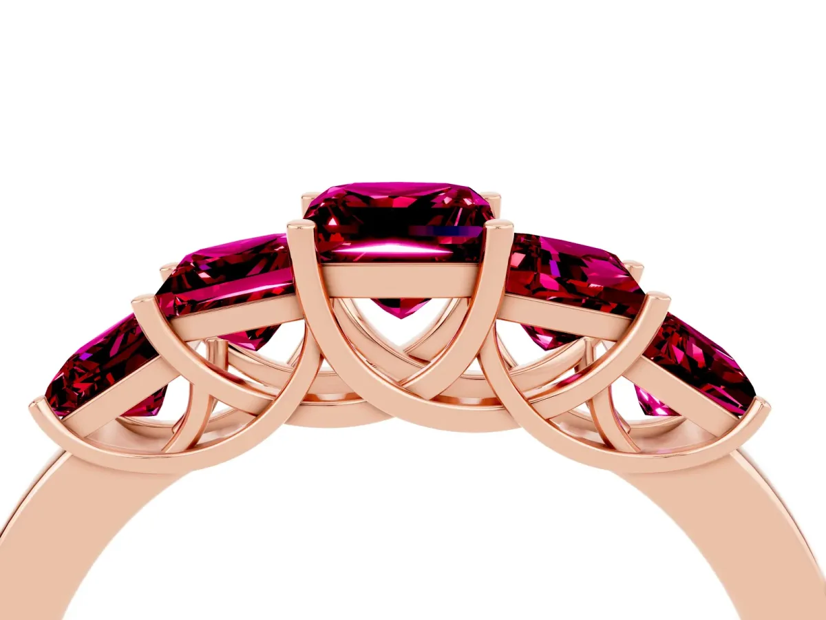 Princess Cut Five-Stone Garnet Ring with Classic Prong Setting Rose gold
