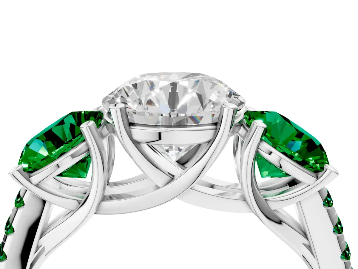 Three-Stone Round Cut Diamond Ring with Round Emerald Pavé Band and Prong Setting White gold