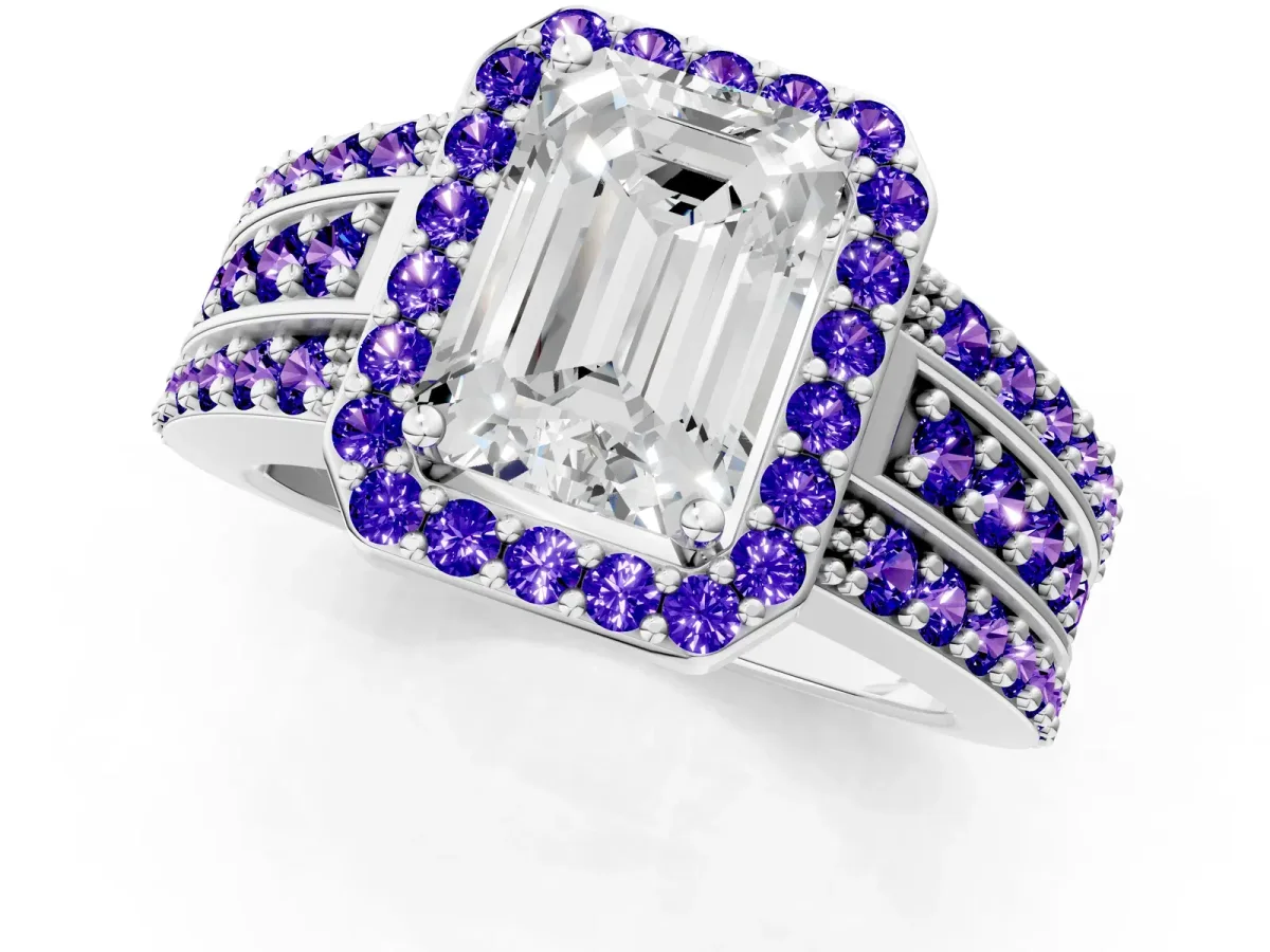 Emerald Cut Halo Diamond Ring with Round Tanzanite Split Shank and Prong Setting Platinum