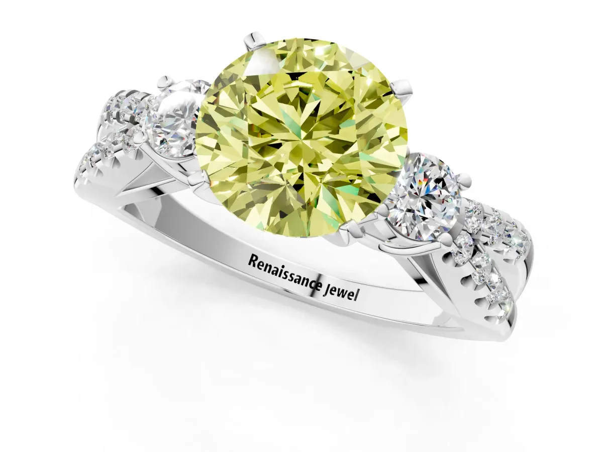 Fancy Yellow Round Cut Diamond Three-Stone Ring with Pavé Split Shank and Four-Prong Setting Silver