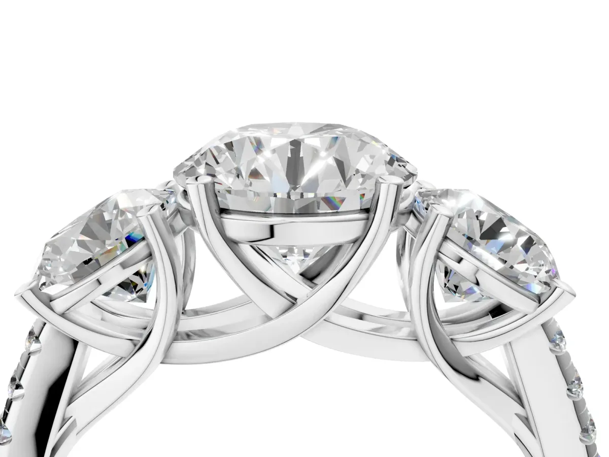 Three-Stone Round Cut Diamond Ring with Round Pavé Band and Prong Setting Silver