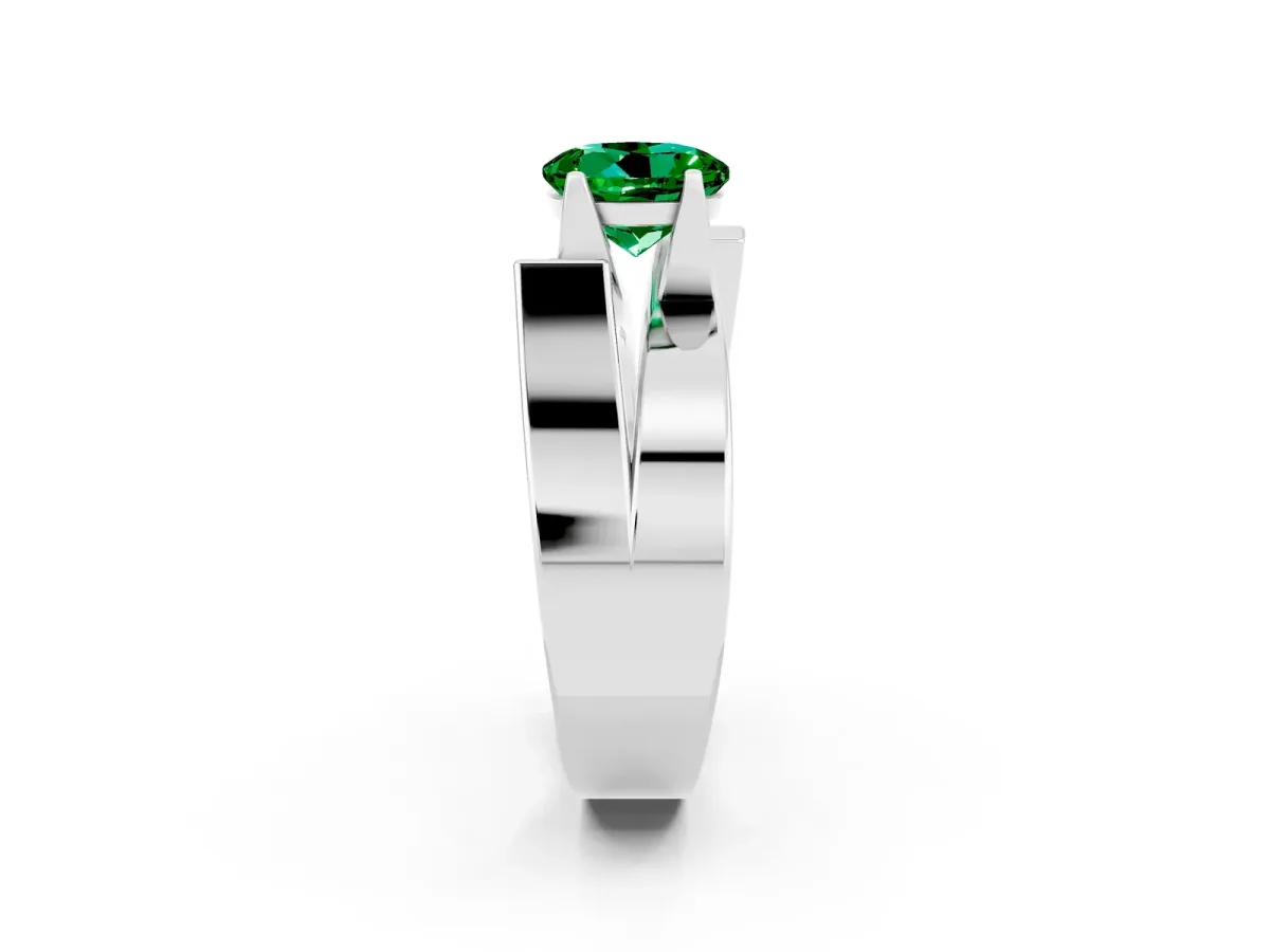 Modern Tension Set Round Cut Emerald Solitaire Wide Band Ring Silver
