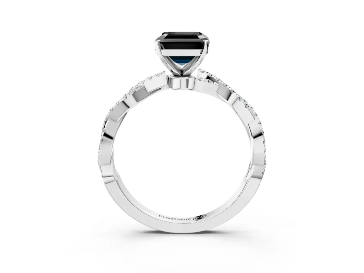 Fancy Black Asscher Cut Solitaire Twisted Pave Band with Four-Prong Setting Platinum