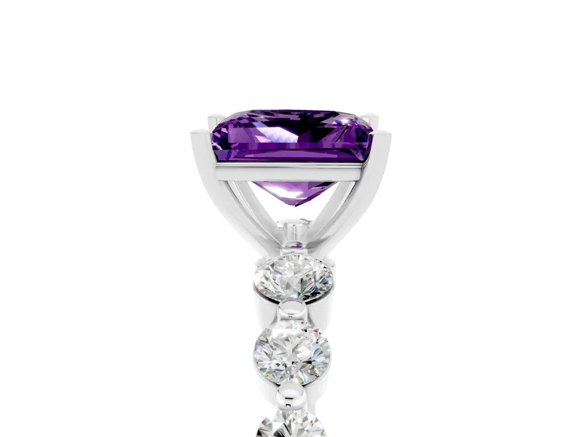 Princess Cut Solitaire Amethyst Ring with Pave Band and Four-Prong Setting Silver
