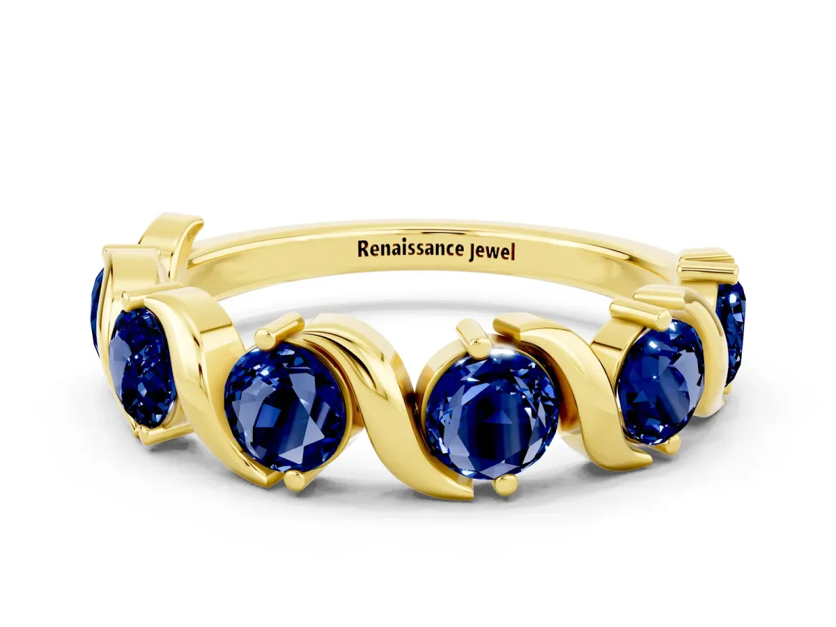Round Blue Sapphire Half Eternity Band with Wave Prong Setting Yellow gold