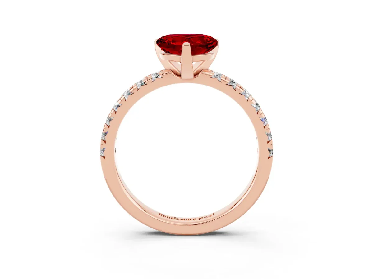 Heart Cut Ruby Solitaire Pavé Engagement Ring with Round Band and Prong Setting Rose gold