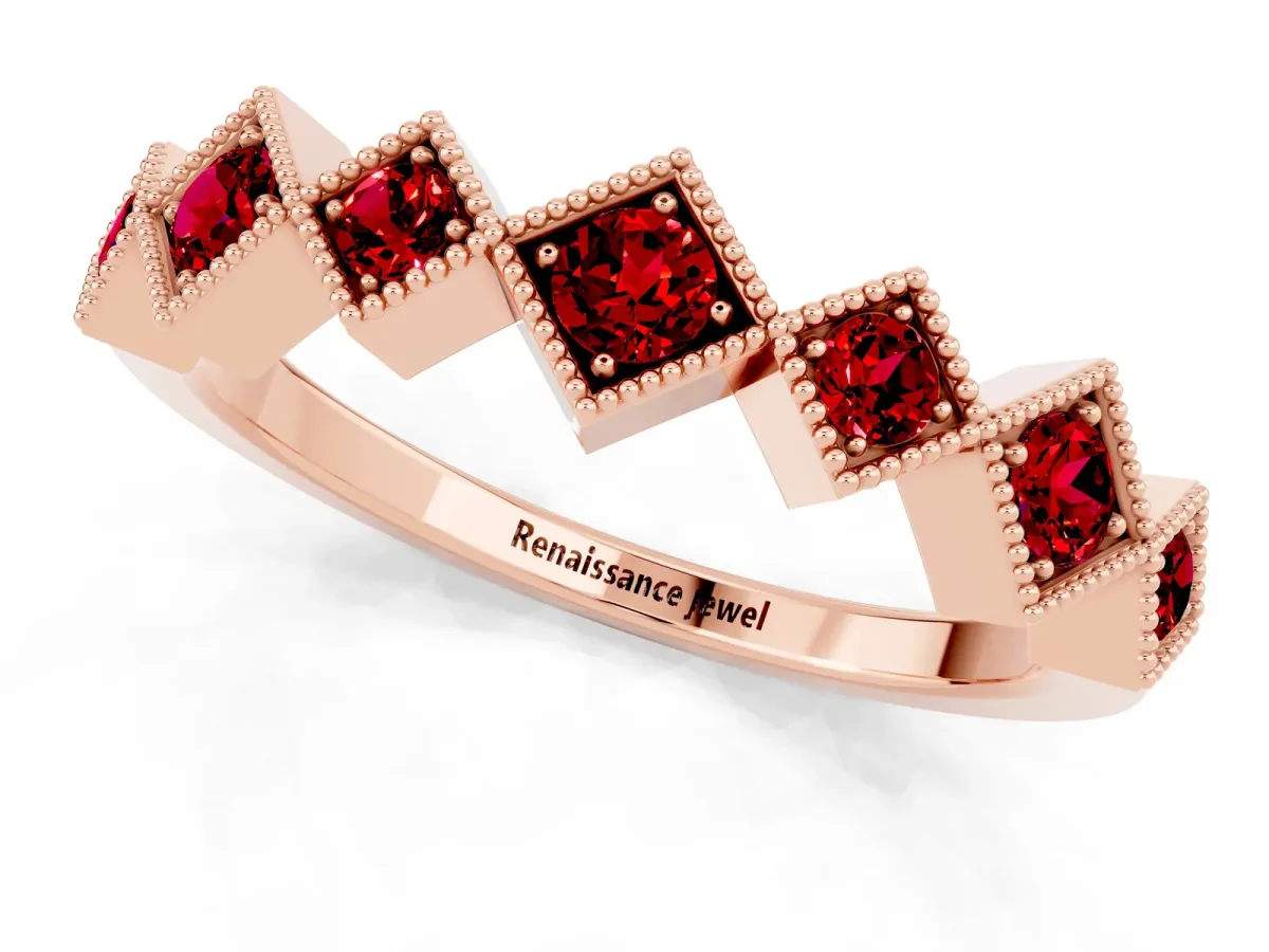 Milgrain Square Bezel Round Ruby Chevron Band Rose gold