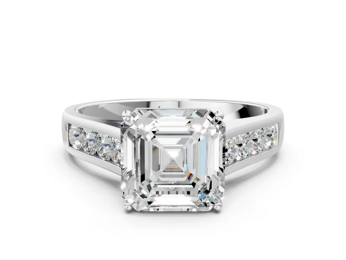 Asscher Cut Brilliant Channel-Set Solitaire Ring with Four-Prong Setting Platinum