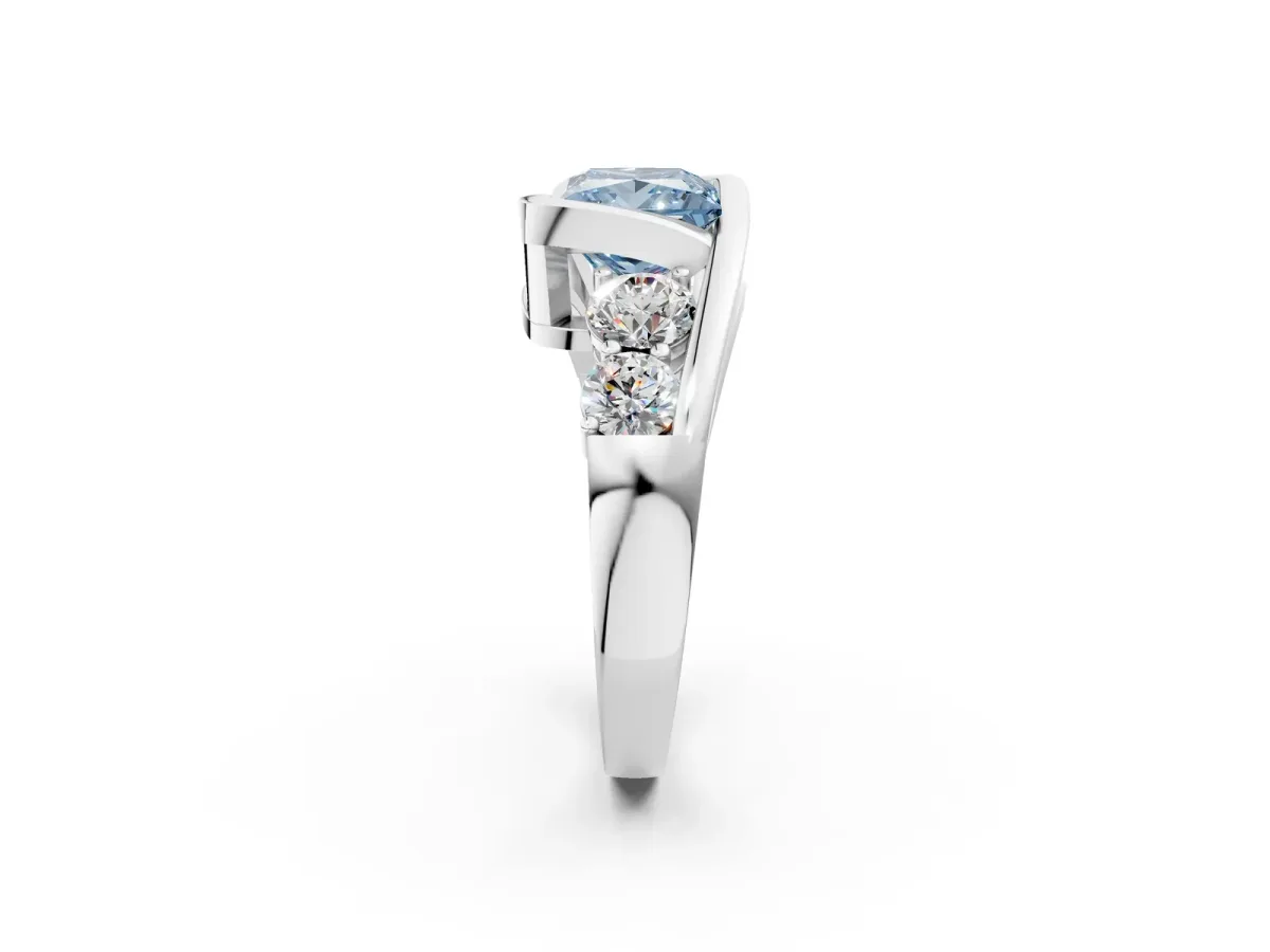 Fancy Blue Bezel Set Princess Cut Diamond Bypass Ring with Round Accents Platinum