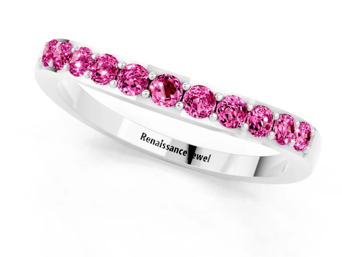 Round Pink Sapphire Curved Wedding Band with Channel Setting White gold
