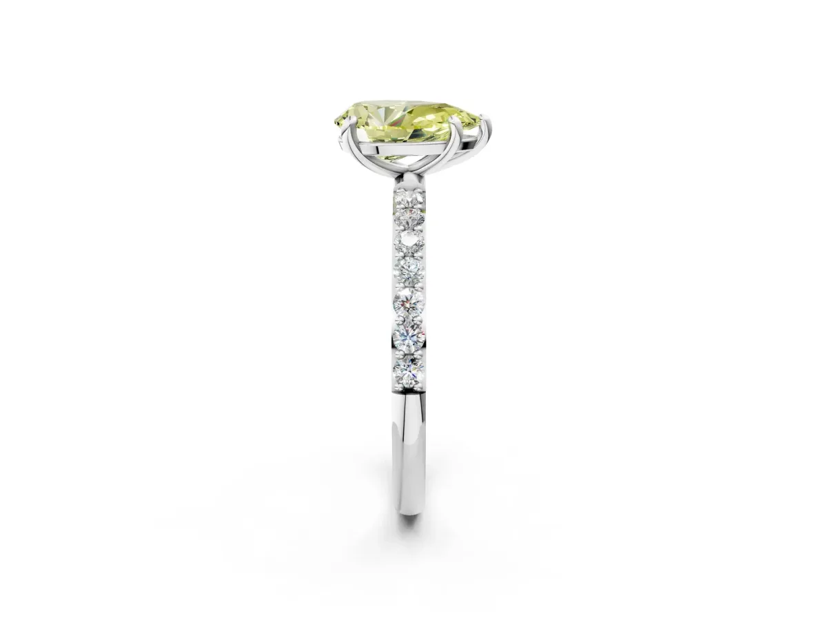 Fancy Yellow Pear Cut Diamond Solitaire Ring with Round Pavé Band and Prong Setting Silver