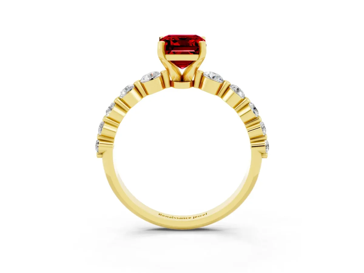 Emerald Cut Solitaire Ruby Ring with Pave Band and Four-Prong Setting Yellow gold