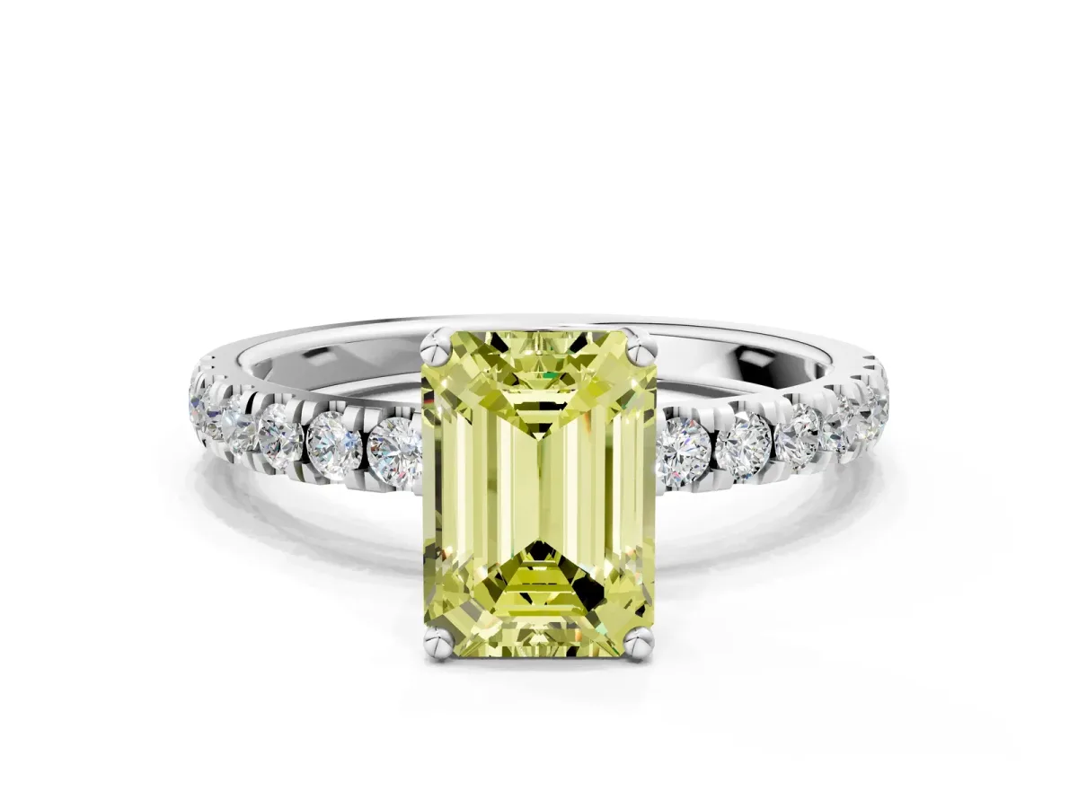 Fancy Yellow Emerald Cut Diamond Pave Band Solitaire Ring with Round and Prong Setting Platinum
