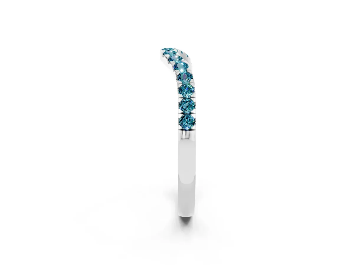 Curved Pavé Round Blue Topaz Wedding Band with Shared Prong Setting White gold