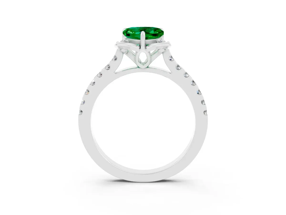 Heart Cut Emerald Ring with Pavé Band and Floral Prong Setting Silver