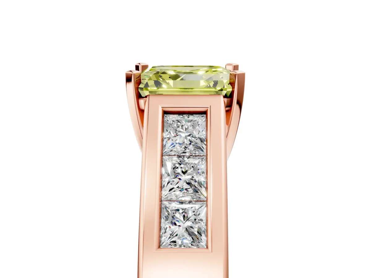 Fancy Yellow Asscher Cut Cut Channel Set Solitaire Ring with Four-Prong Setting Rose gold
