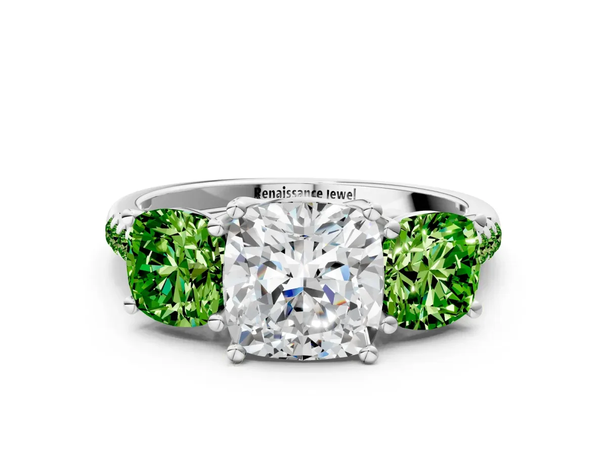 Three-Stone Cushion Cut Diamond Ring with Round Peridot Pavé Band and Prong Setting Silver