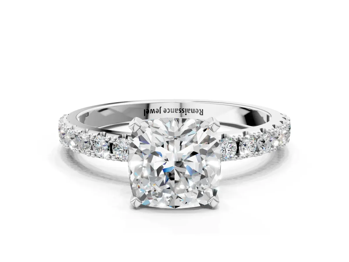 Cushion Cut Diamond Solitaire Pavé Band with Four-Prong Setting Platinum