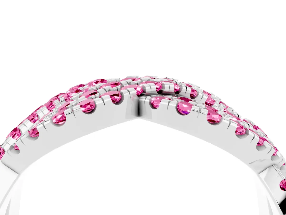 Pavé Round Pink Sapphire Infinity Twist Band with Shared Prong Setting Platinum