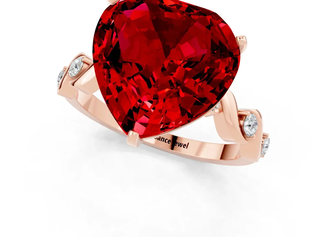 Heart Cut Ruby Solitaire Twisted Band with Round Accents and Prong Setting Rose gold