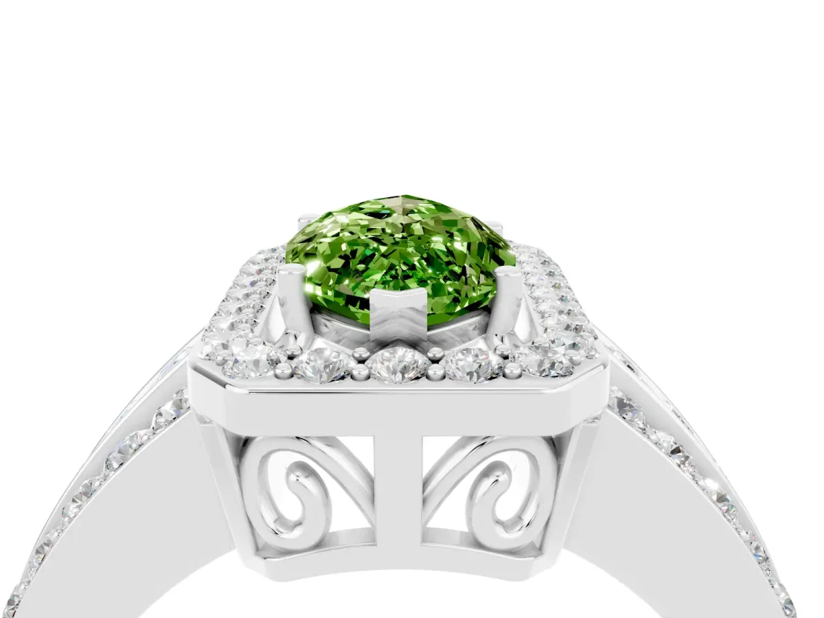Marquise Cut Halo Peridot Ring with Round Split Shank and Prong Setting Platinum