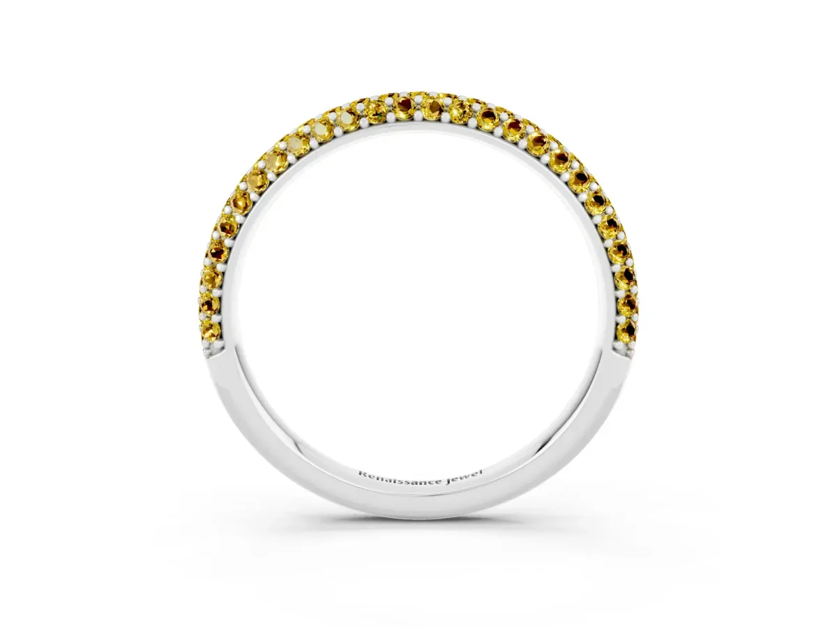 Round Yellow Sapphire Pavé Eternity Band with Shared Prong Setting Silver