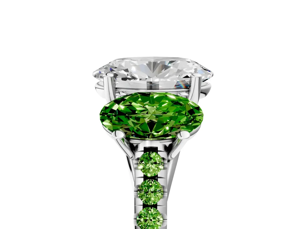 Three-Stone Oval Cut Diamond Ring with Round Peridot Pavé Band and Prong Setting Silver