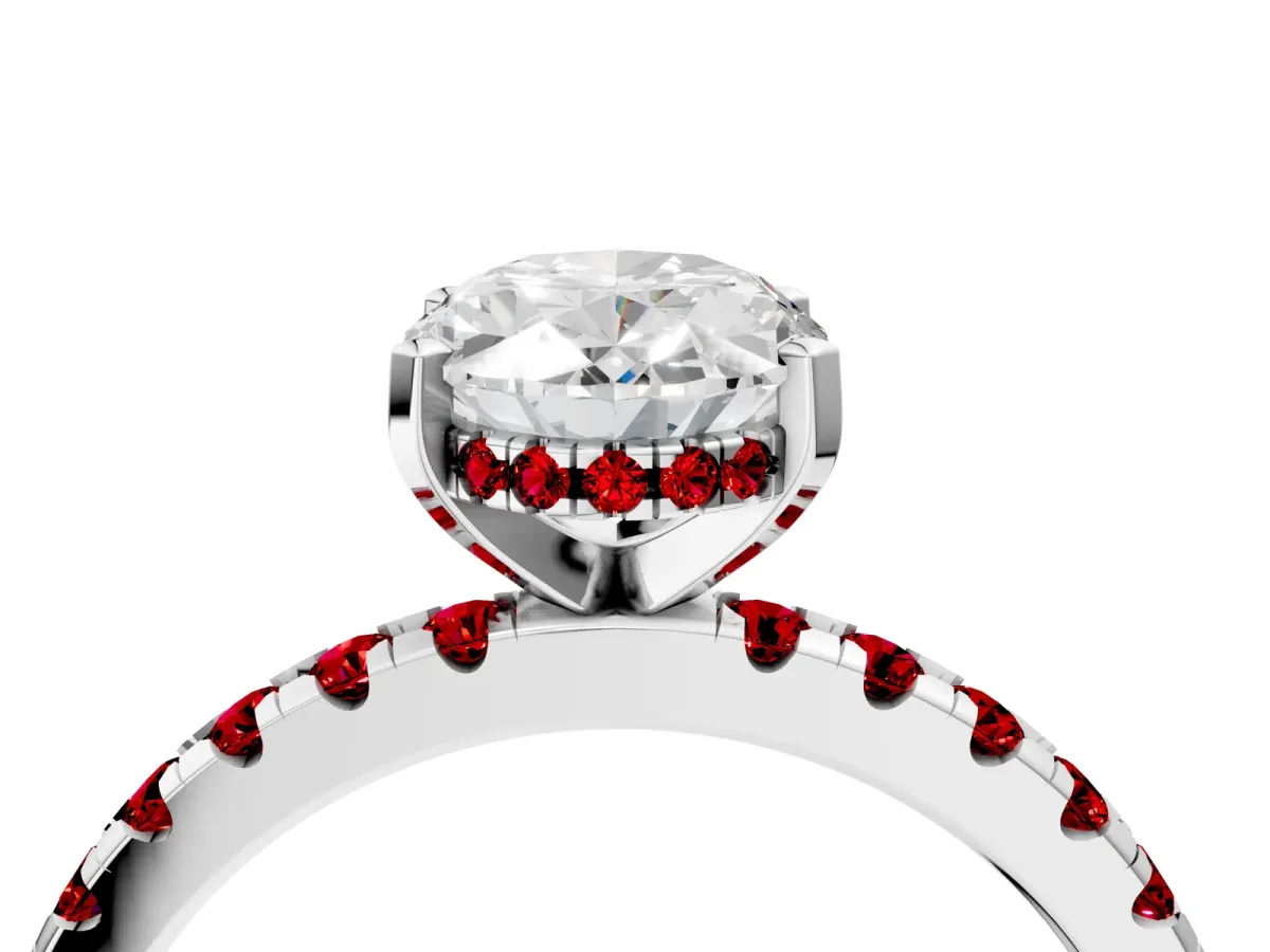Oval Cut Diamond Solitaire Ring with Round Ruby Pavé Band and Four-Prong Setting Platinum