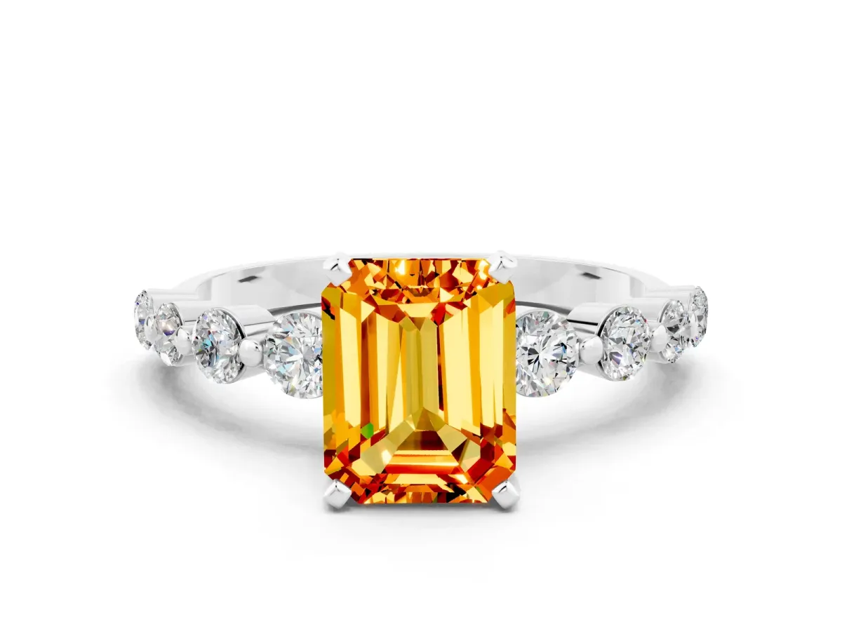 Emerald Cut Solitaire Citrine Ring with Pave Band and Four-Prong Setting Platinum
