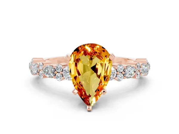 Pear Cut Citrine Side Stone Solitaire Ring with Round and Four-Prong Setting Rose gold