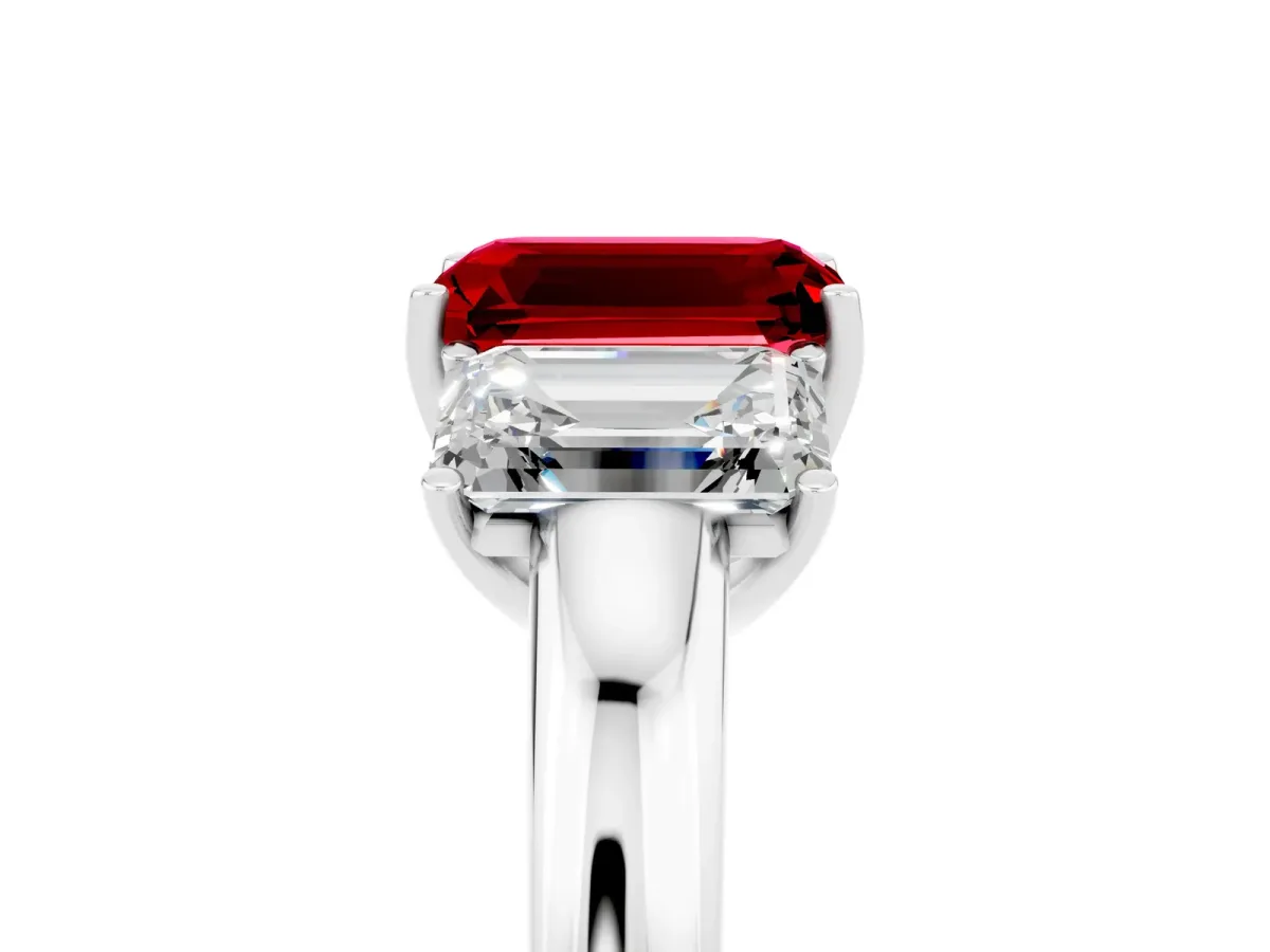 Emerald Cut Ruby Three-Stone Ring with Four-Prong Setting and Classic Band Silver