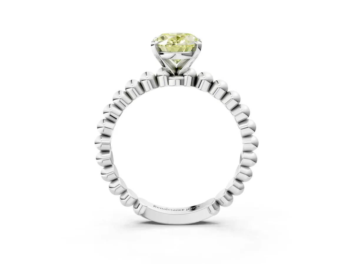 Fancy Yellow Oval Cut Diamond Solitaire Ring with Beaded Band and Prong Setting Silver