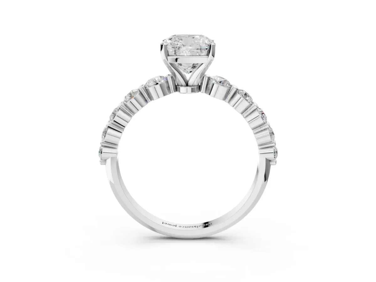 Cushion Cut Solitaire Diamond Ring with Pave Band and Four-Prong Setting Silver