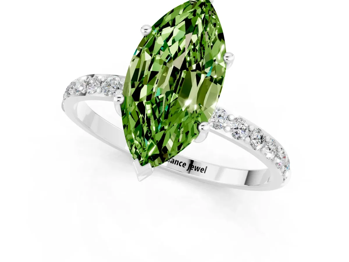Marquise Cut Peridot Solitaire Ring with Round Pavé Band and Prong Setting Silver