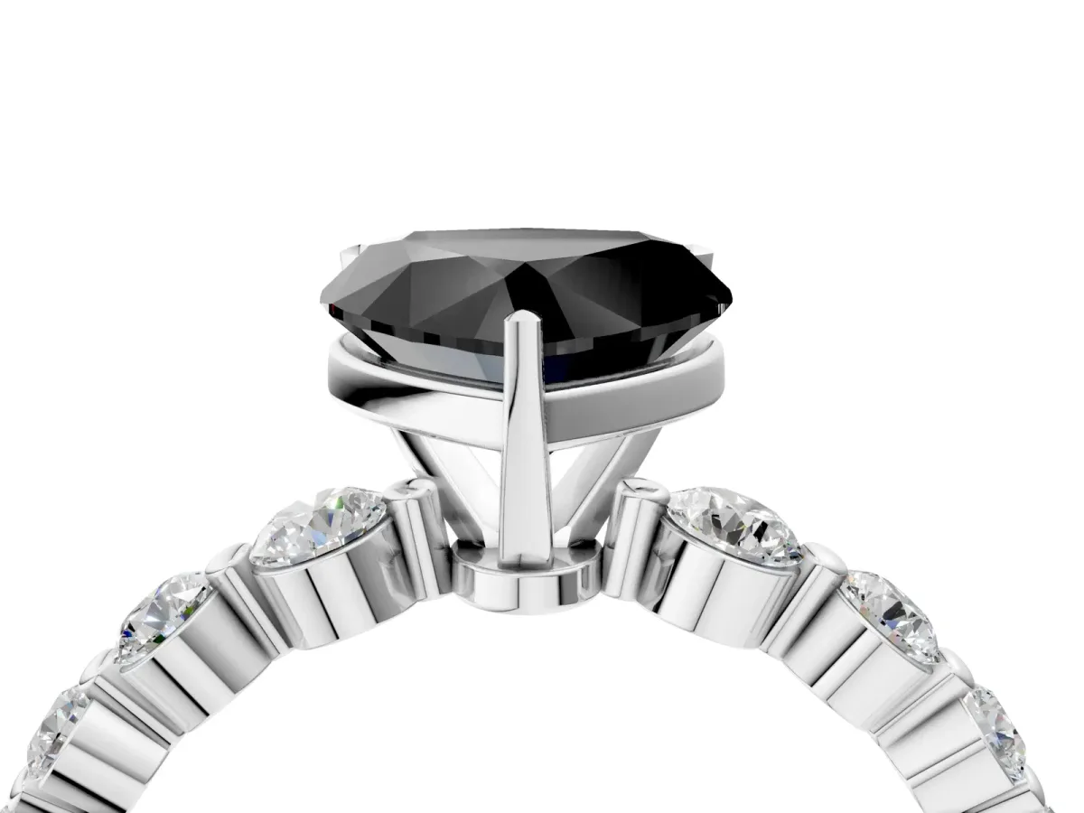 Fancy Black Heart Cut Solitaire Diamond Ring with Pave Band and Four-Prong Setting Silver