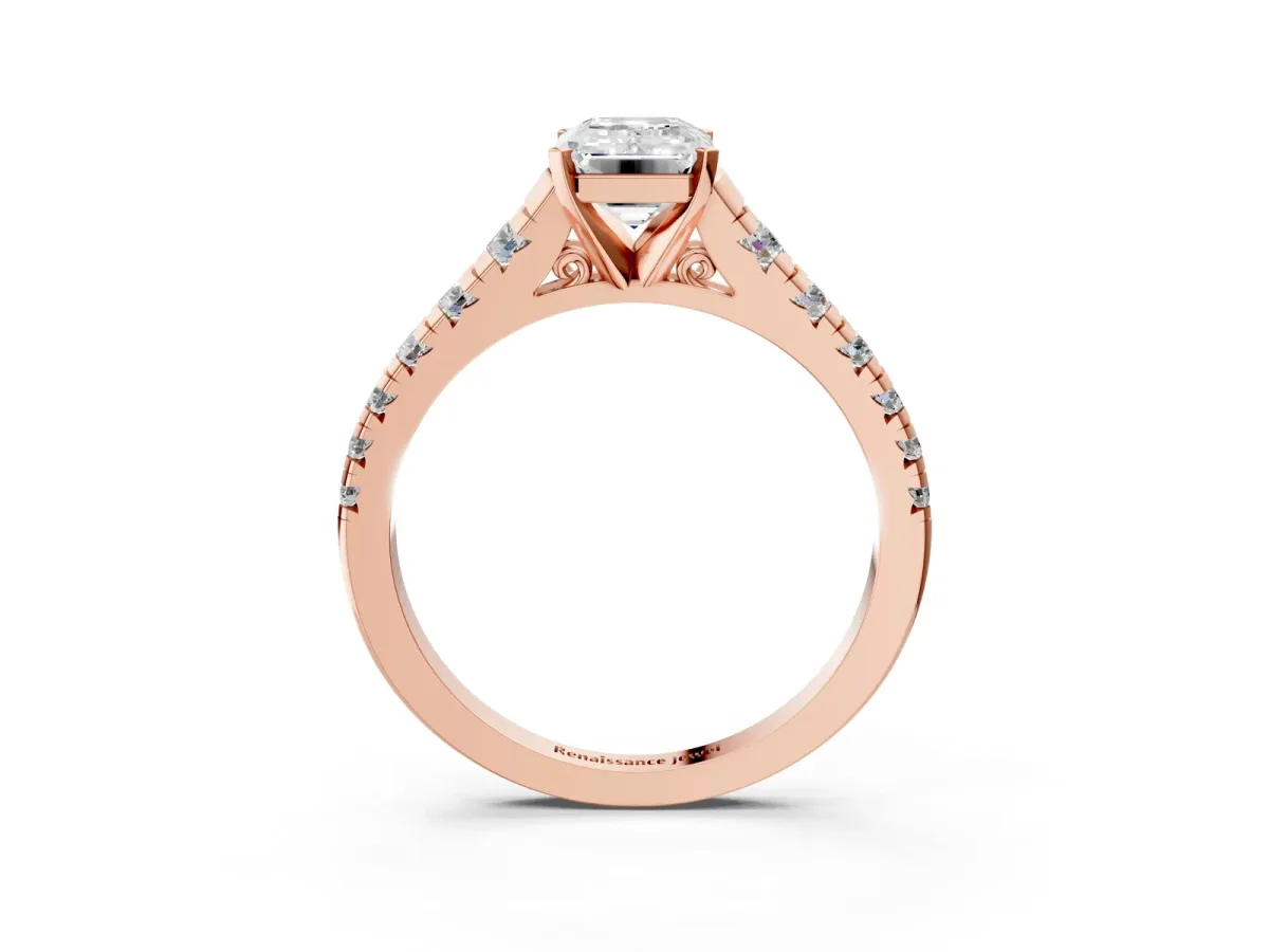 Emerald Cut Diamond Cathedral Solitaire Ring with Round Pavé Band Rose gold