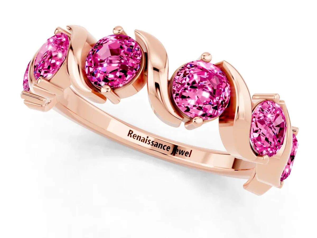 Round Pink Sapphire Half Eternity Band with Wave Prong Setting Rose gold