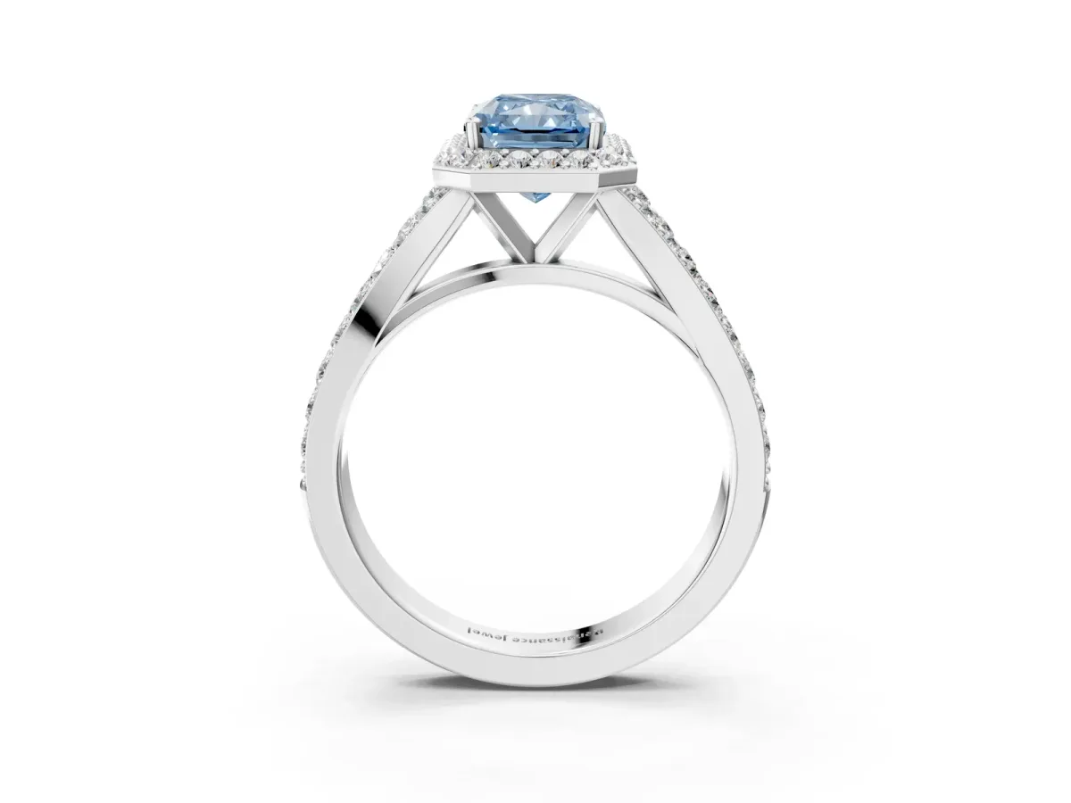 Fancy Blue Radiant Cut Diamond Split Shank Halo Ring with Four-Prong Setting Platinum
