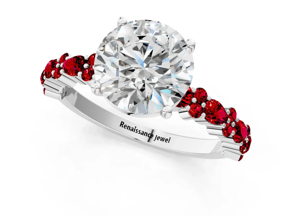 Round Cut Diamond Side Stone Solitaire Ring with Round Ruby and Four-Prong Setting Platinum