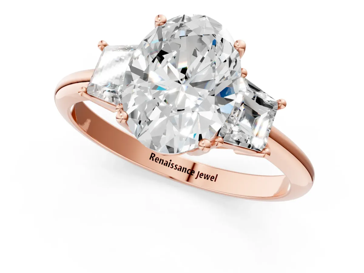 Oval Cut Diamond Three-Stone Ring with Trapezoid Side Stones and Prong Setting Rose gold
