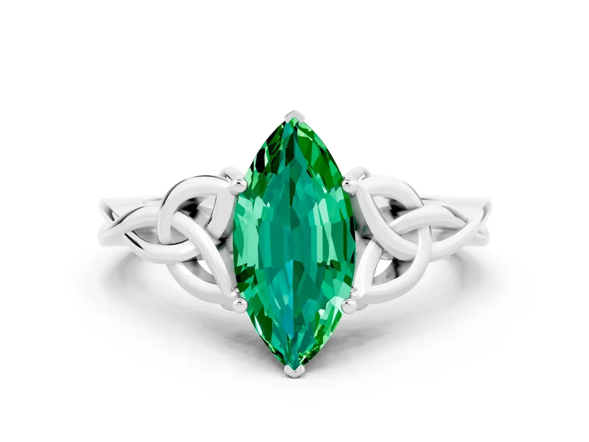Marquise Cut Emerald Solitaire Celtic Knot Ring with Four-Prong Setting White gold
