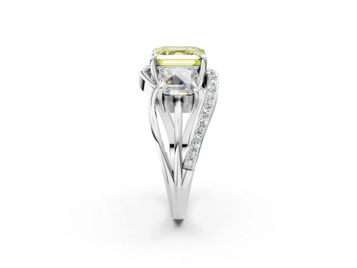 Fancy Yellow Three-Stone Asscher Cut Cut Diamond Split Shank Prong Set Ring Platinum