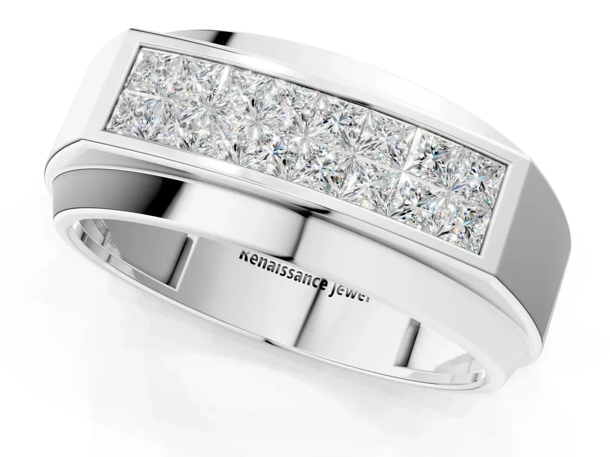Princess Diamond Pavé Panel Mens Band Silver