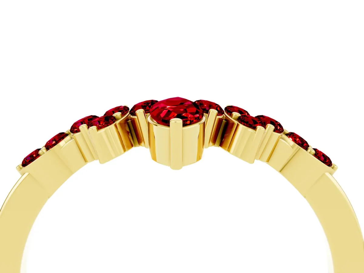 Marquise and Round Ruby Chevron Band with Prong Setting Yellow gold