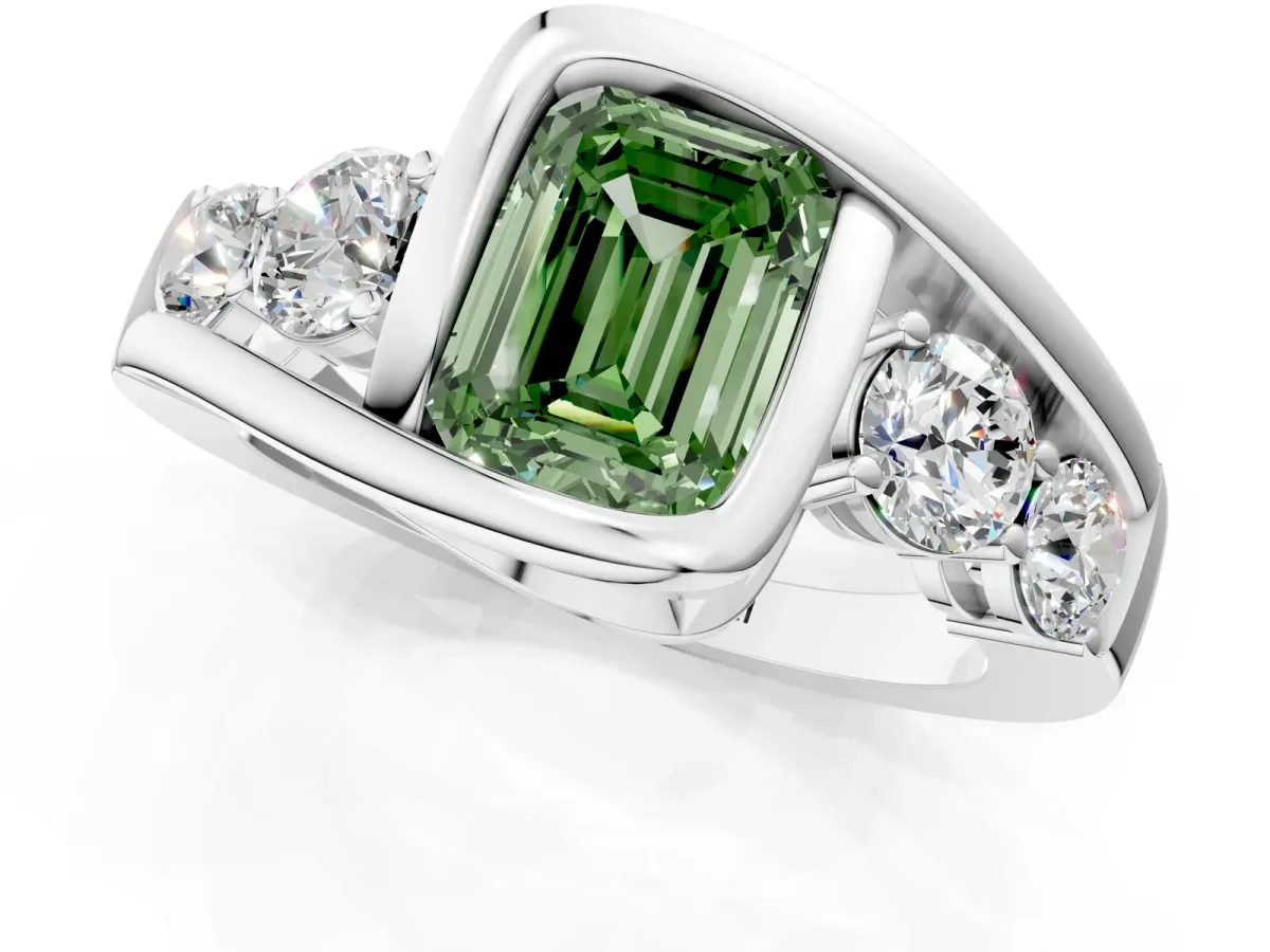 Fancy Green Bezel Set Emerald Cut Diamond Bypass Ring with Round Accents Silver
