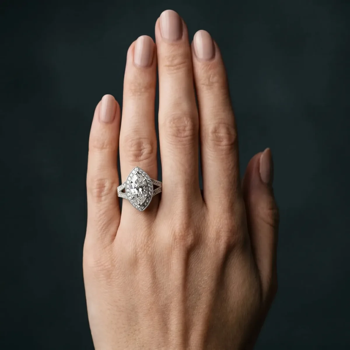 Marquise Cut Halo Split Shank Diamond Ring with Milgrain Prong Setting Platinum