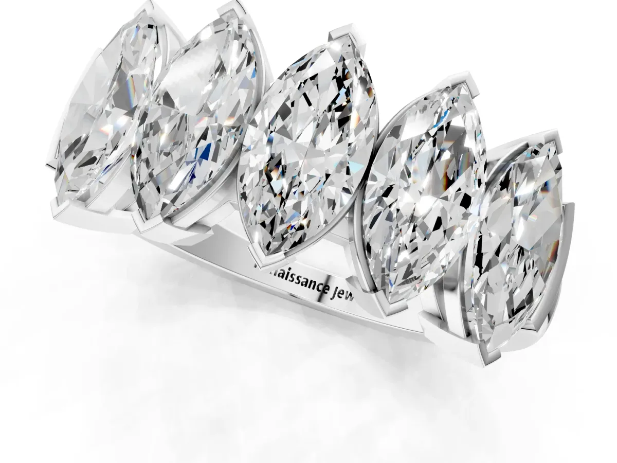 Five Stone Marquise Diamond Prong Set White Gold Band Silver