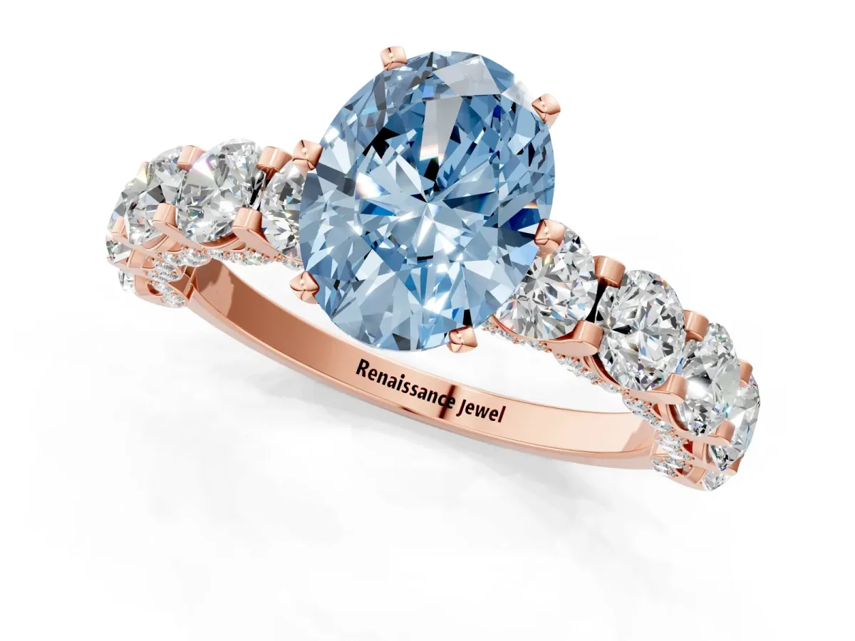 Fancy Blue Oval Cut Diamond Side Stone Engagement Ring with Four-Prong Setting Rose gold
