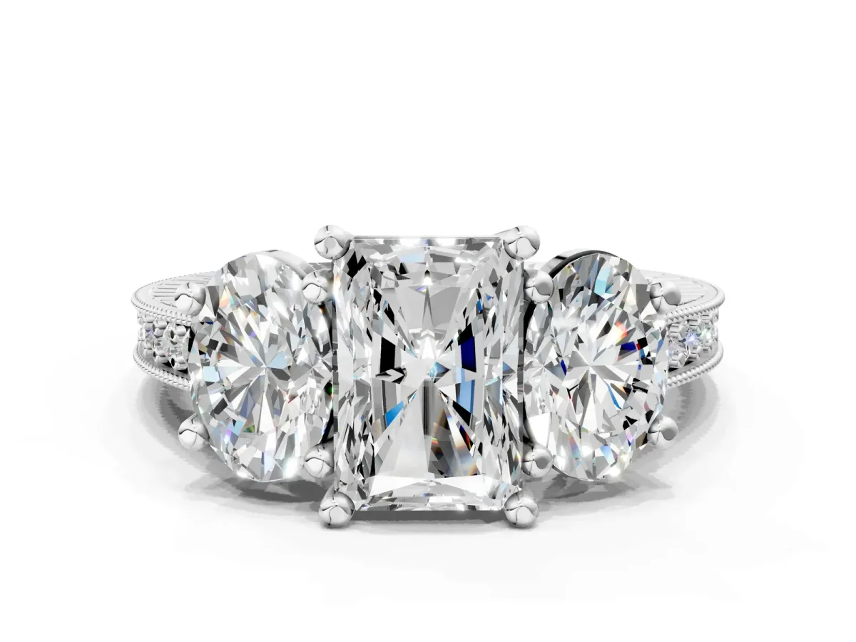 Three-Stone Radiant Cut Diamond Milgrain Pave Band with Prong Setting Platinum